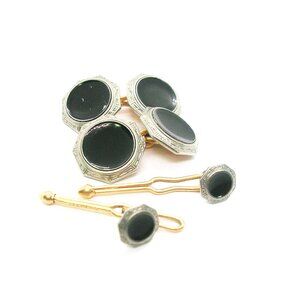 Double sided Cufflinks Collar Buttons vintage gold plate KREMENTZ Hard Enamel